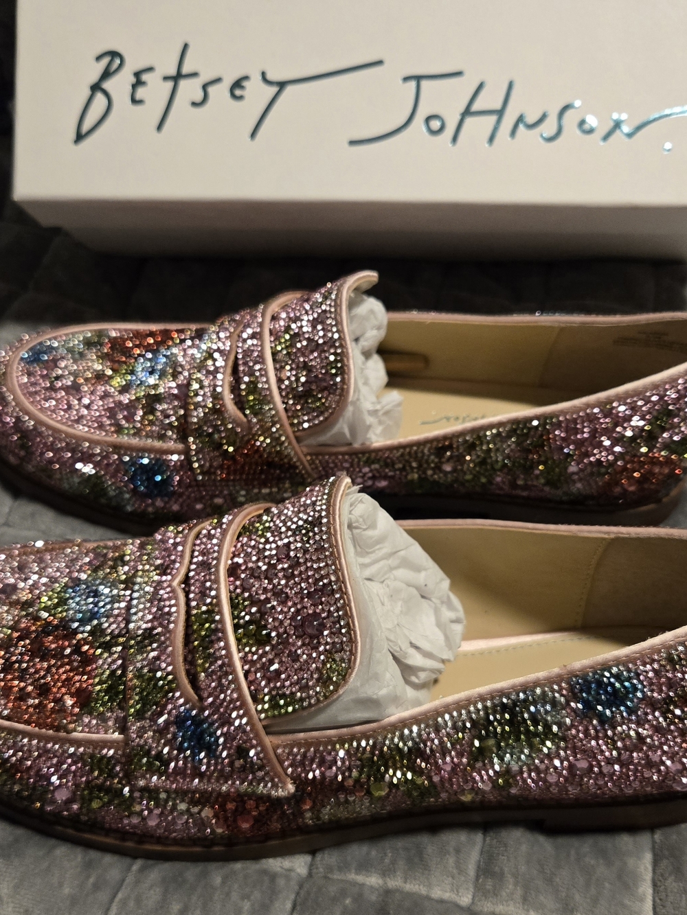 Betsey Johnson Pink Multicolor Crystal Penny Loafers - Picture 3 of 6